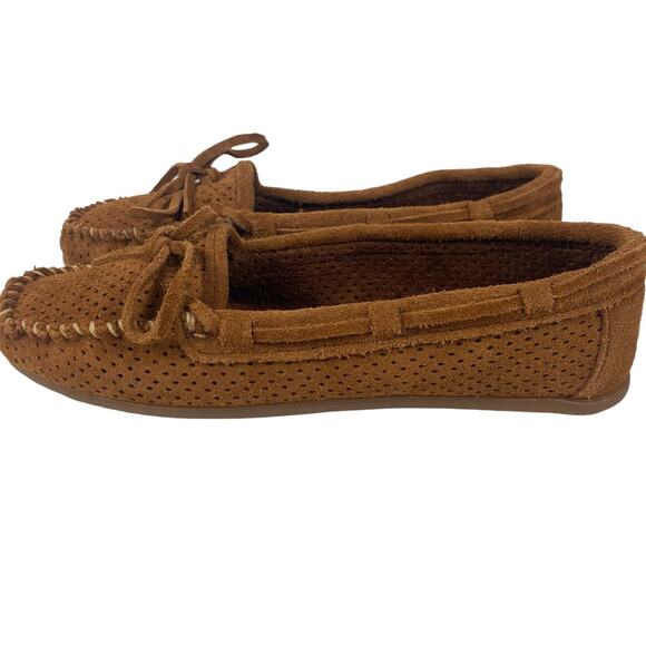 MINNETONKA Suede Lisa Moccasins Flats Loafers Perforated Chestnut Brown Womens 8 - Picture 4 of 11